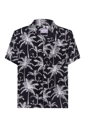 Lotty B unisex silk festival shirt in tropical plantation print in dusky white on black