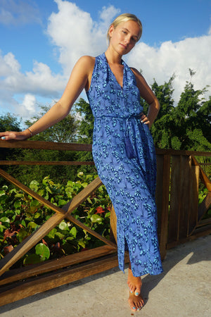 Silk Jemima Dress: FLAMBOYANT FLOWER - BLUE, long halter neck racer back crepe de chine silk dress designer Lotty B Mustique chic resort wear 