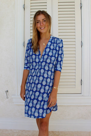 Lotty B Flared Dress in Silk Crepe-de-Chine: PINEAPPLE - BLUE Mustique life
