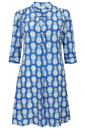 Lotty B Flared Dress in Silk Crepe-de-Chine: PINEAPPLE - BLUE
