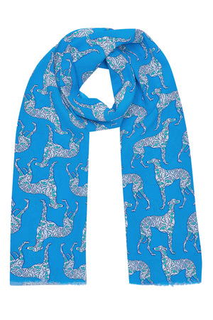 Frayed edge silk crepe sarong / scarf in Lurcher green & blue print designer Lotty B Mustique