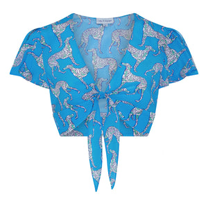 Pure silk cropped tie top in Lurcher dog blue & green print by designer Lotty B Mustique