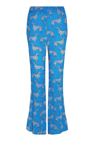 Fit & flare silk trousers in Lurcher green & blue print by designer Lotty B Mustique