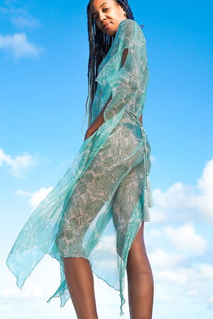 Designer kaftan style in sage green and white Protea design by Lotty B Mustique