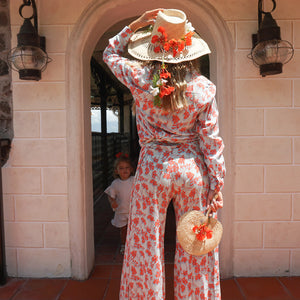Kim blouse with matching Gabija palazzo pants for summer party silk suit flamboyant flower orange