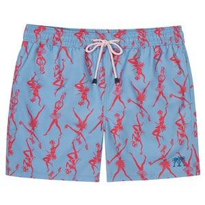Premium quick dry swim shorts, pink Fruit Punch print on blue