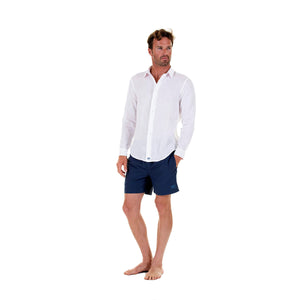 Mens swim trunks : MAKO NAVY - holiday style with white linen shirt