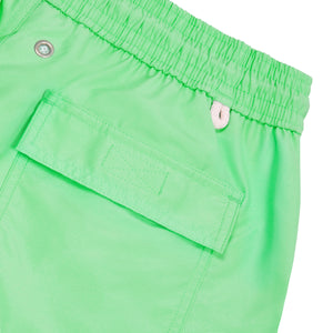 Mens swim shorts in bright green back pocket detail by designer Lotty B Mustique for Pink House resortwear