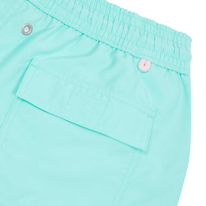 Mens Mako turquoise swim shorts pocket detail by designer Lotty B Mustique for Pink House summer essentials