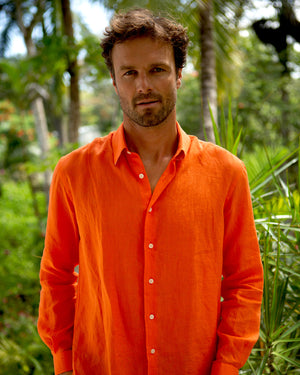Holiday style men's orange linen shirt