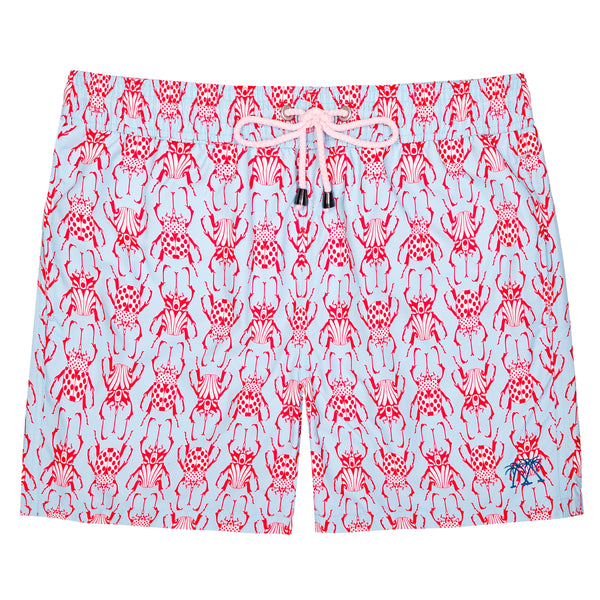 Mens swim shorts: BEETLE - RED / PALE BLUE - Pink House Mustique