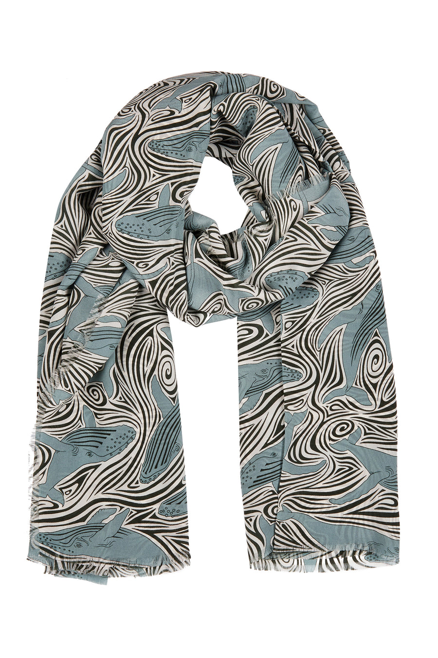 Silk scarf sarong in Whale monochrome design by Lotty B hand screen printed on crepe-de-chine. Mustique island lifestyle.