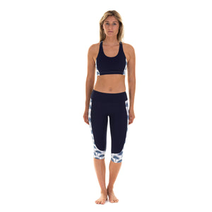 navy white contrast panel cropped sports top worn with 3/4 leggings by Lotty B Mustique