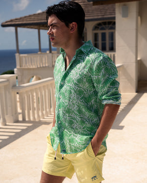 Floral print mens linen shirt perfect for both casual and evening wear, on holiday or at home.