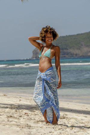 Lotty B Sarong in Silk Crepe-de-Chine (Seahorse, Blue) Lagoon beach Mustique style