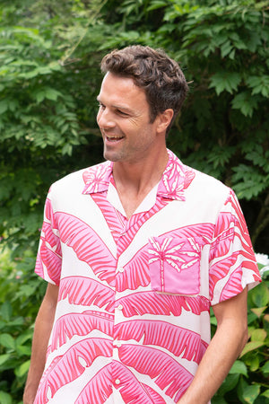 Lotty B silk party shirt in tropical Banana print sunset pink