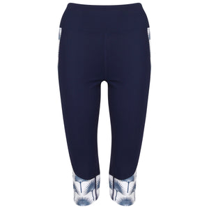 Contour panel cropped leggings : FAN PALM NAVY Designer Lotty B for Pink House Mustique (front)