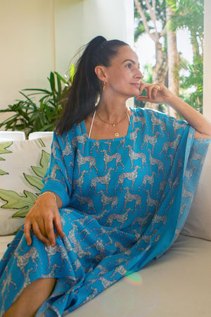 Stylish holiday villa style long pure silk kaftan in Lurcher green & blue print designer Lotty B Mustique