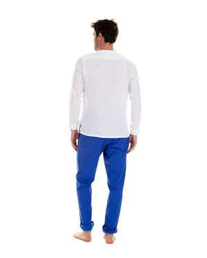 Mens Collarless Linen Shirt : CLASSIC WHITE with dazzling blue linen trousers, back