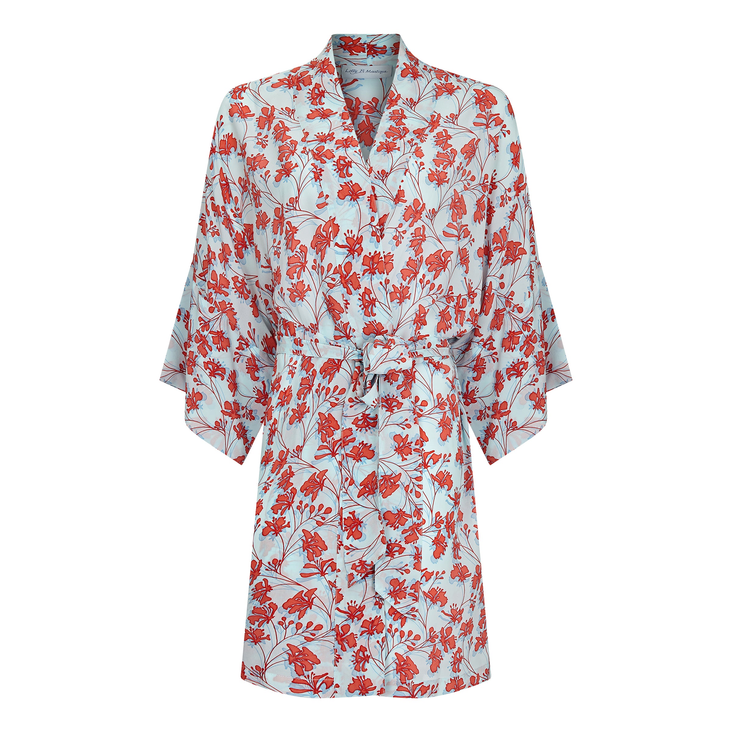 Bed to beach robe Flamboyant Flower orange aqua blue designer Lotty B Mustique