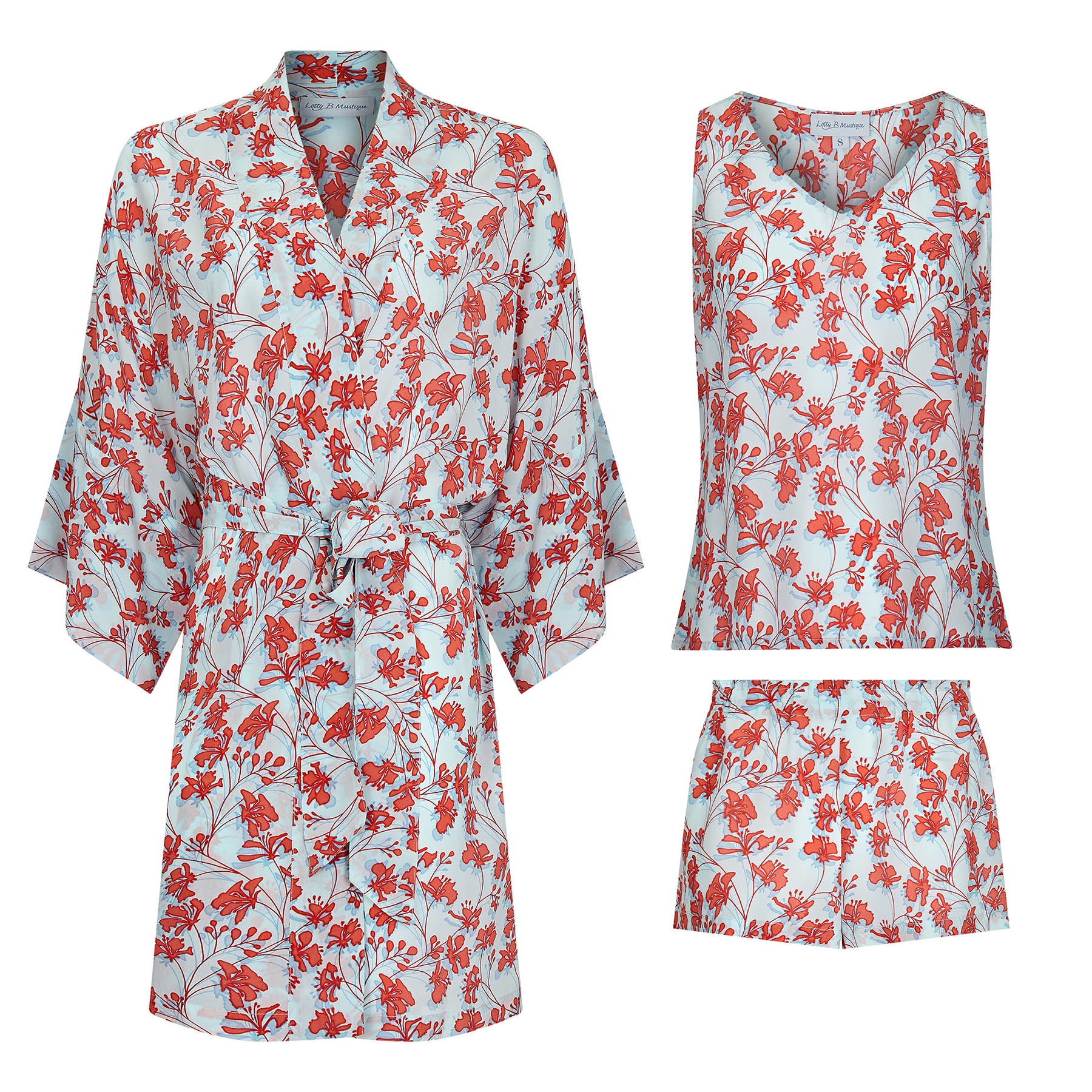Bed to beach 3 piece set; robe, top & shorts in Flamboyant Flower orange aqua blue designer Lotty B Mustique