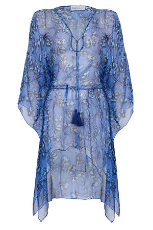 Silk Cosima Kaftan: FLAMBOYANT FLOWER - BLUE, short kaftan dress in chiffon silk, designer Lotty B Mustique 