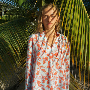 Womens silk Kim blouse Crepe-de-Chine Flamboyant Flower Orange by Lotty B Mustique resort fashion