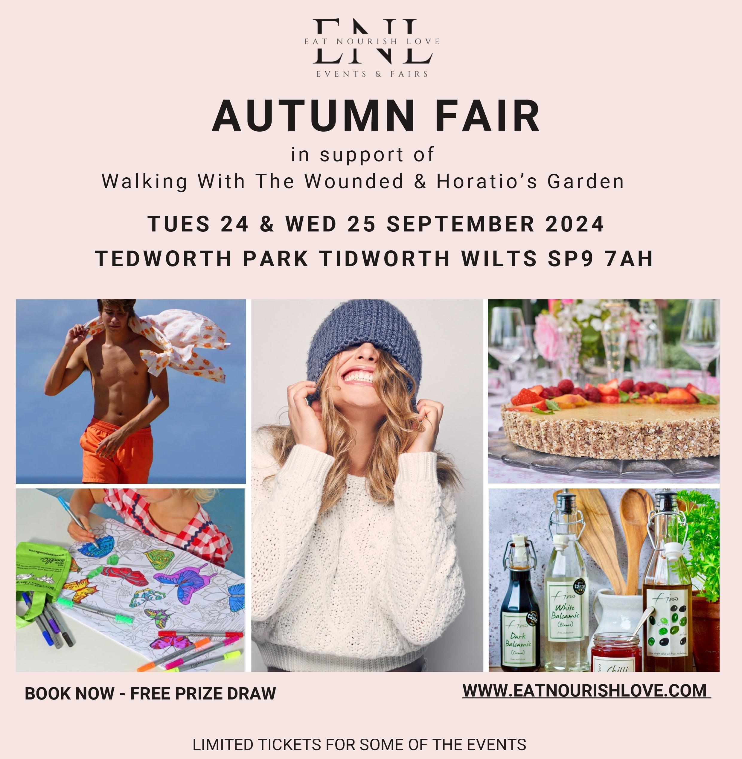 Autumn Fair 2024 flier with event details, fashion, food, crafts, drinks and smiling model.