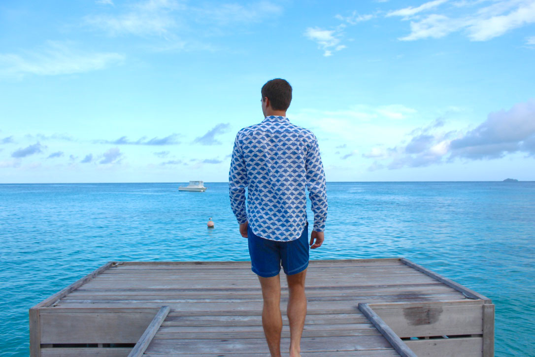 Mens linen shirt Manta Ray Navy Blue and Plain Blue Swim Trunks