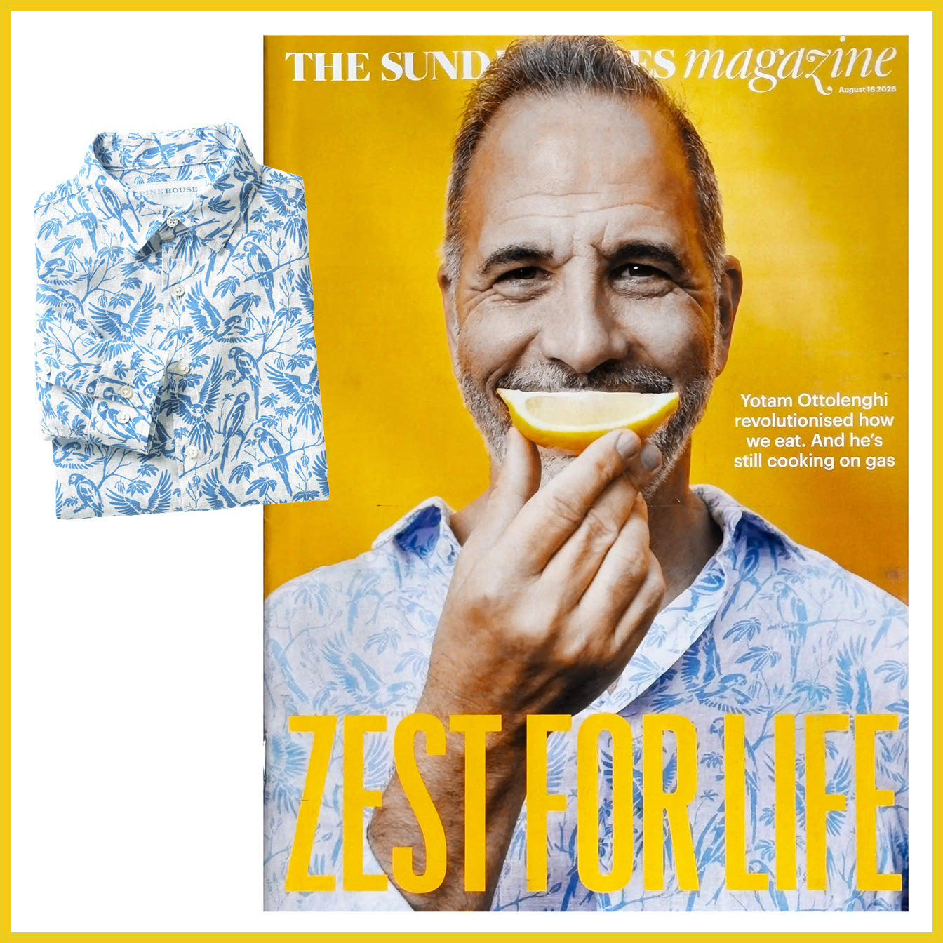 Ottolenghi wears Pink House Mustique Parrot linen shirt cover Sunday Times Magazine