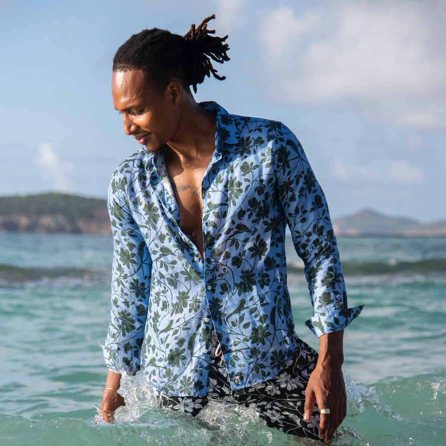 Iguana print linen shirt in blue and dark spruce green