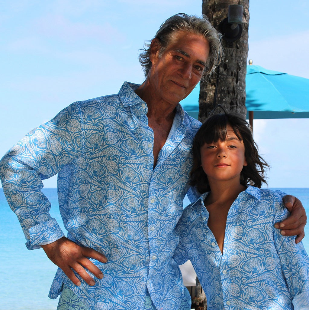 Pangolin print linen shirts from Pink House mini me collection