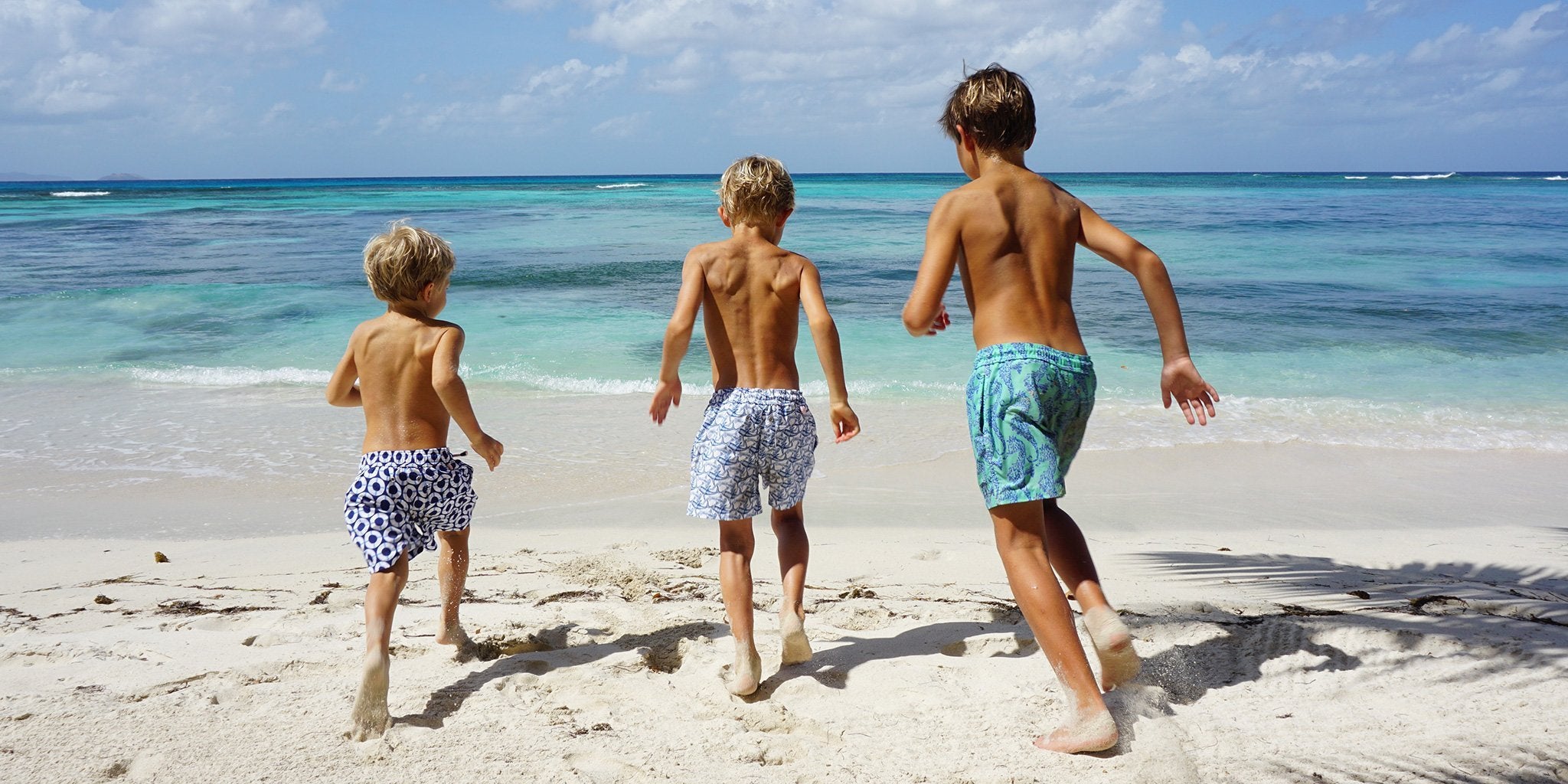Boys swim trunks designed in the Caribbean by Lotty B for the Pink House Mustique children's collection.