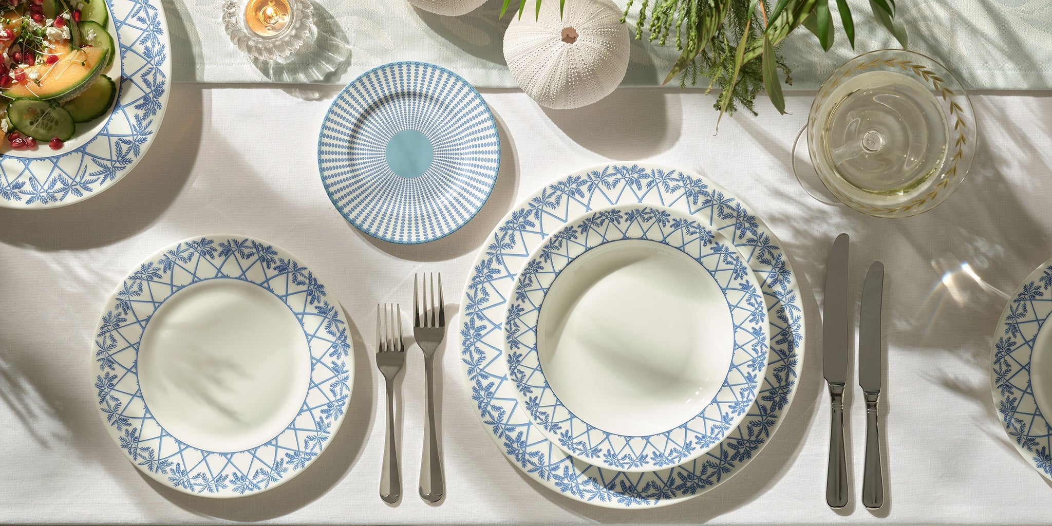 Fine bone china PALMS plates and bowls in Azure Blue table setting – luxury dinnerware for elegant dining