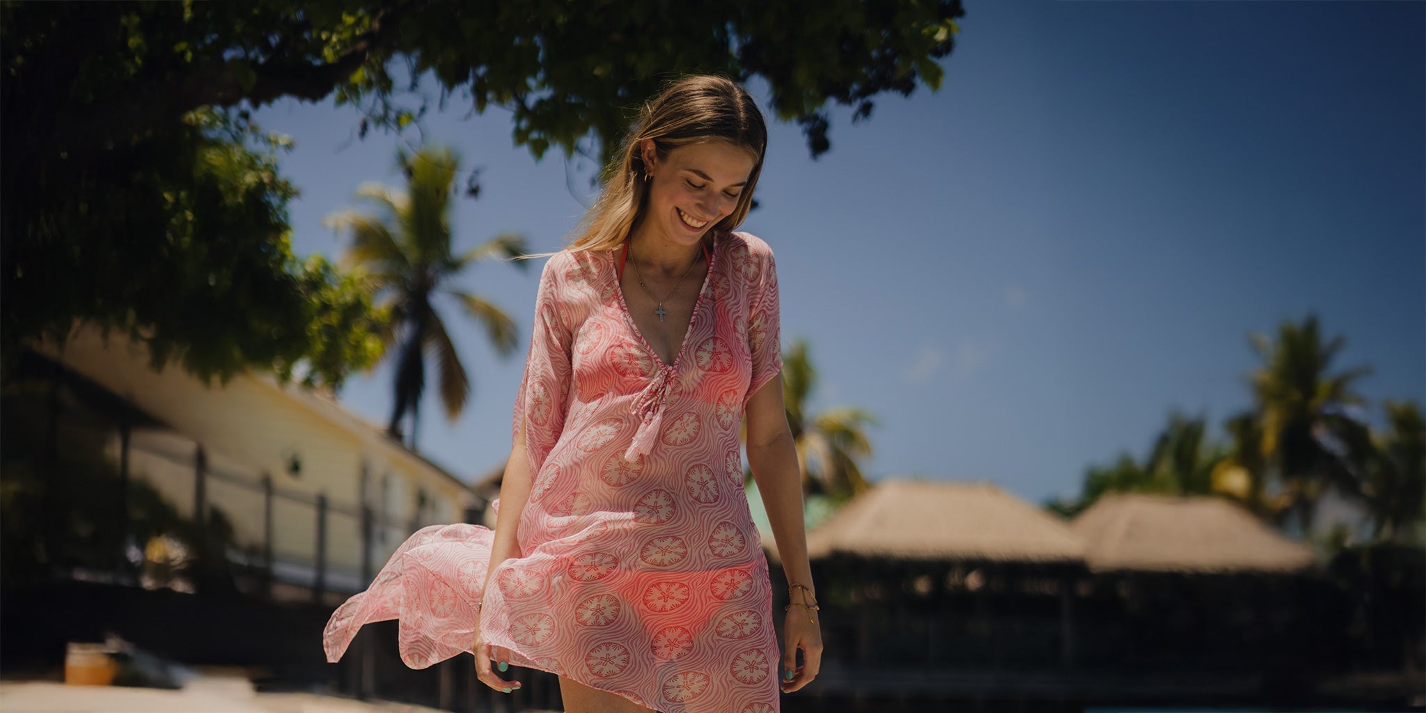Sand Dollar product focus, silk chiffon kaftan from Lotty B for Pink House
