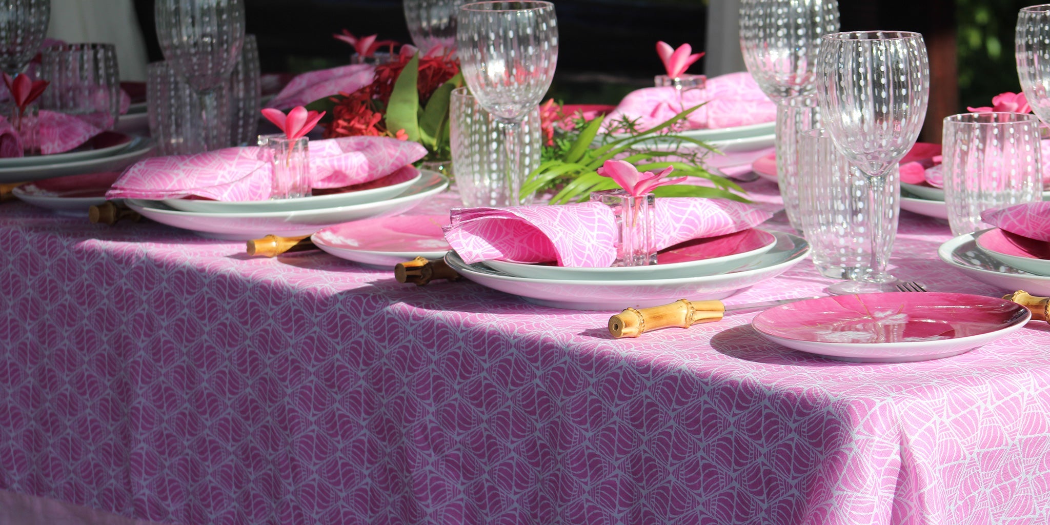 Pink linen tablecloth with matching napkins and glassware, elegant summer table setting for luxury home entertaining
