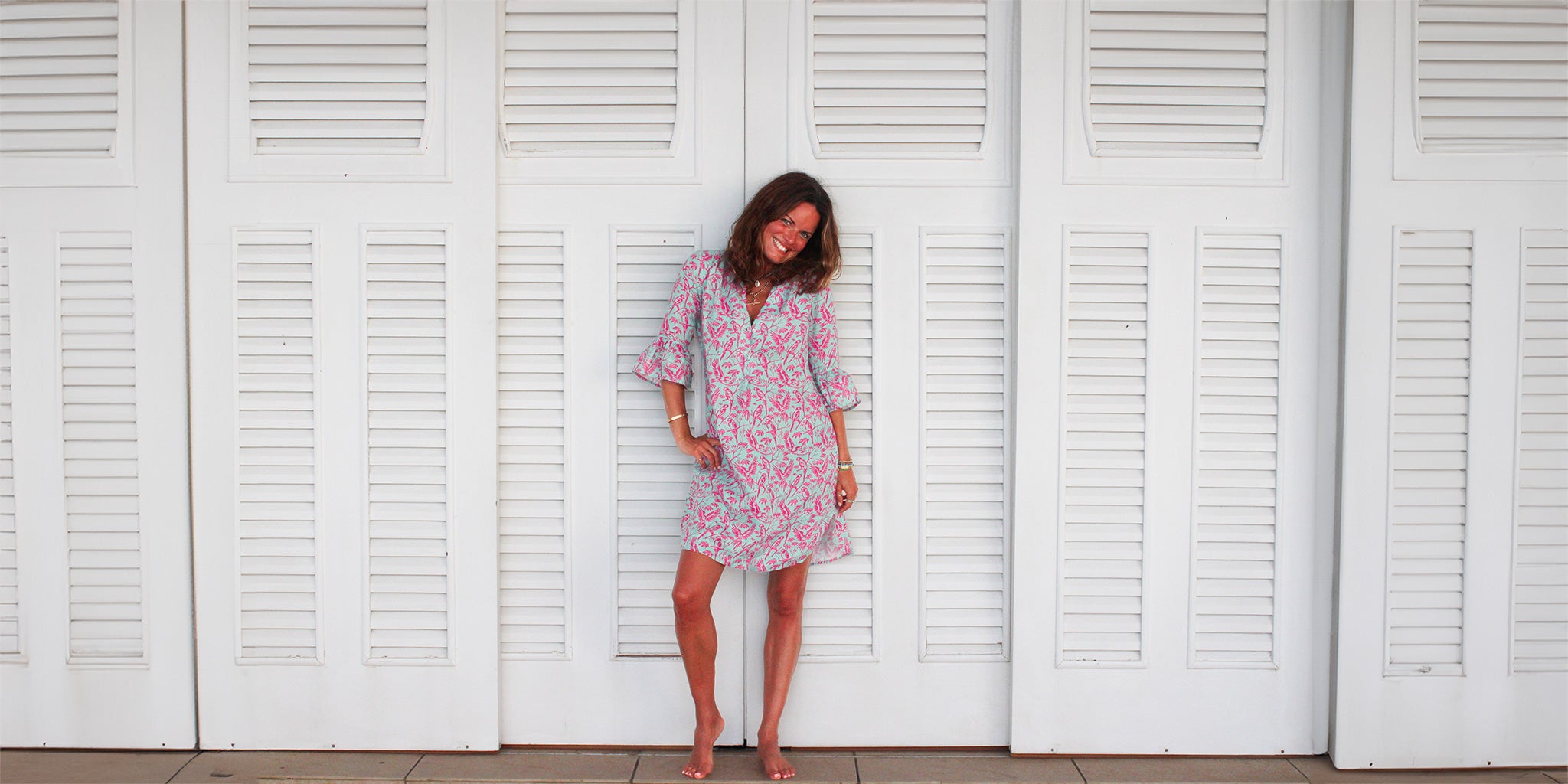 Pink House Mustique Womens collection of light airy linen & cotton shirt dresses, tunics, kaftans, cover-ups and beachwear in beautiful prints designed by Lotty B