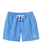 Close-up of blue swim trunks shorts with a pocket and button on a white background