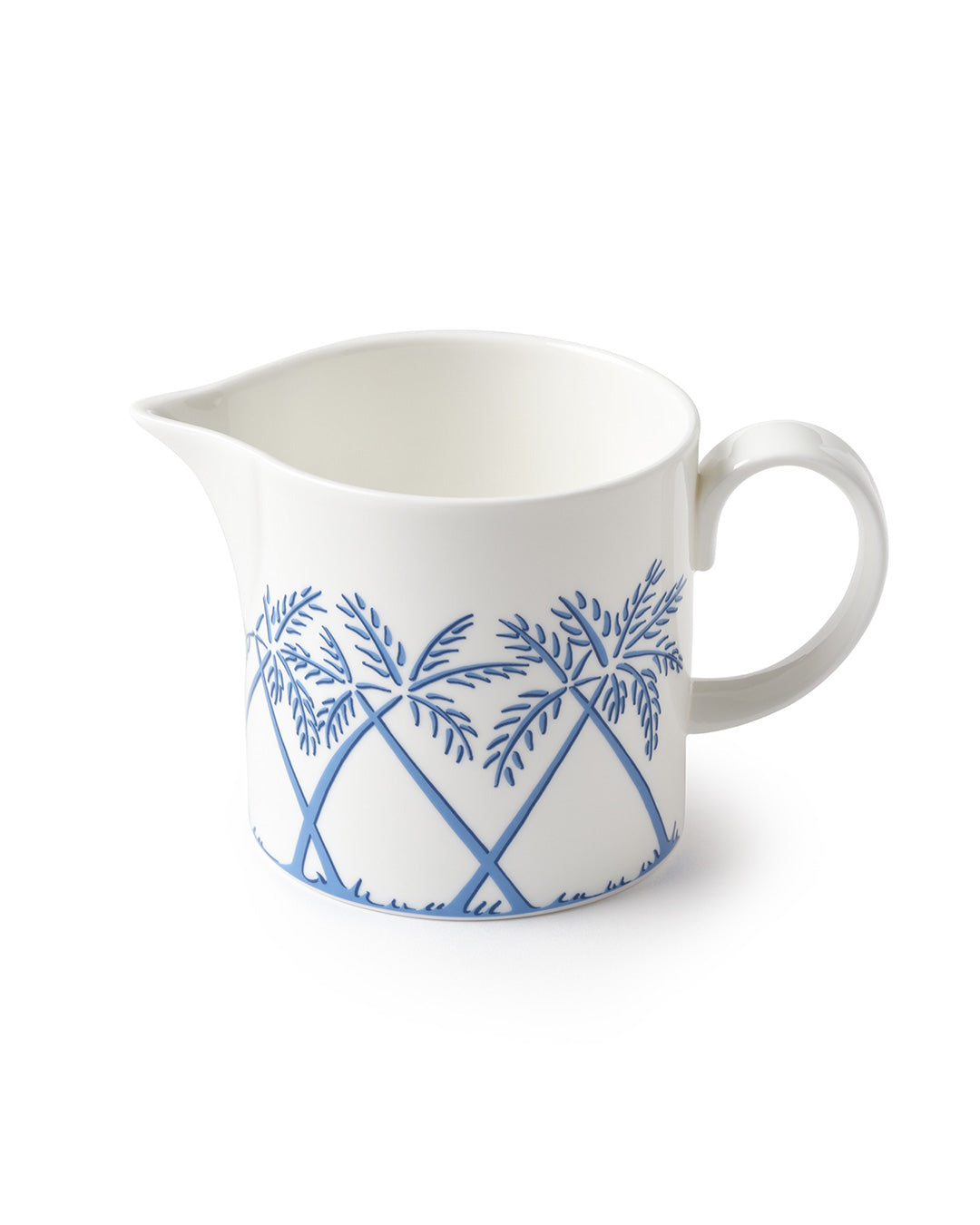 Fine bone china milk jug in Palms Azure Blue pattern by Pink House Mustique, elegant British-made tea service piece.
