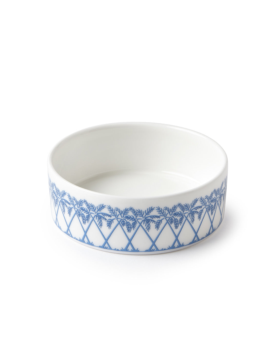 Fine bone china small dish in Palms Azure Blue pattern by Pink House Mustique, elegant British-made tea service piece.
