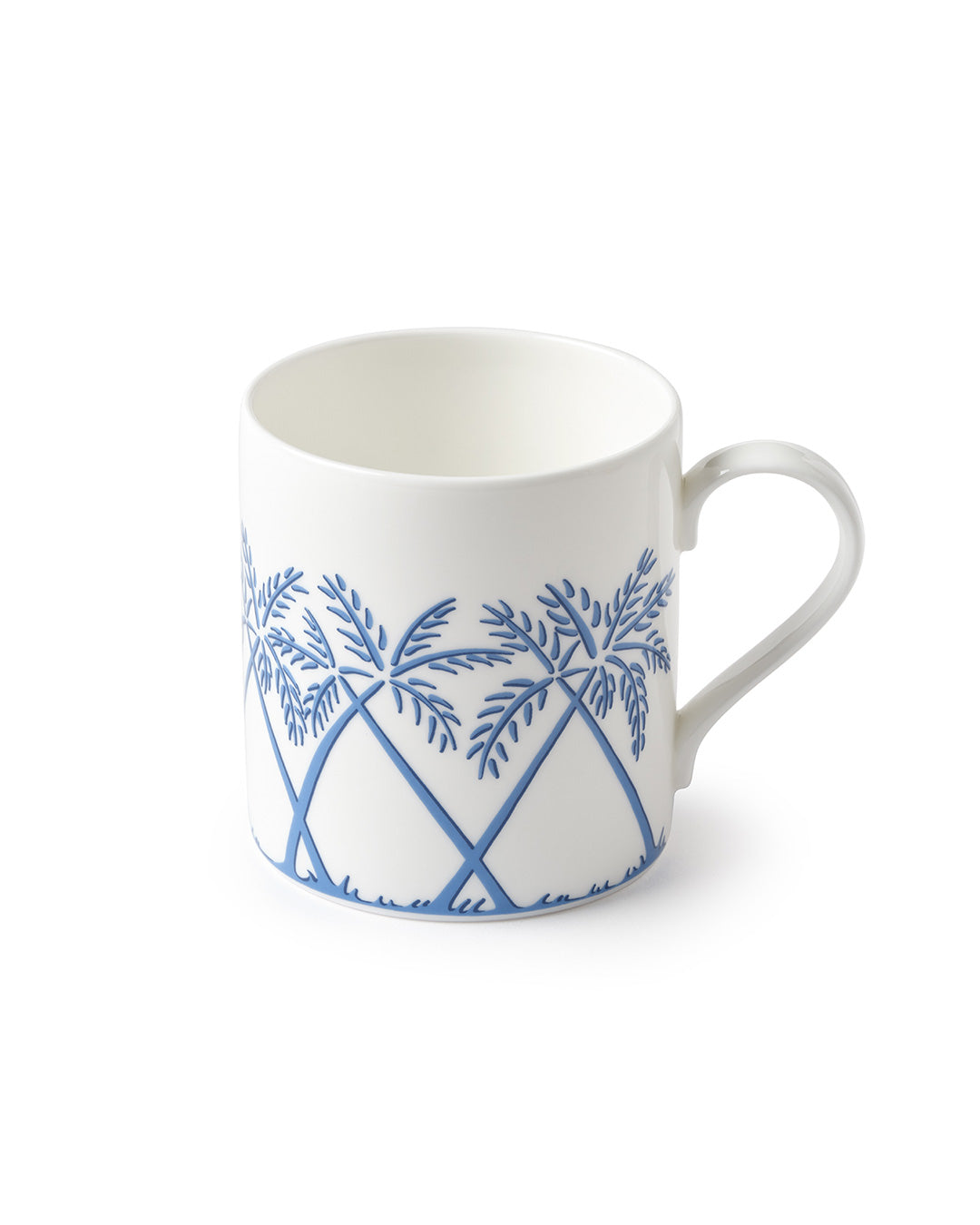 Fine bone china small mug in Palms Azure Blue pattern by Pink House Mustique, elegant British-made tea service piece.