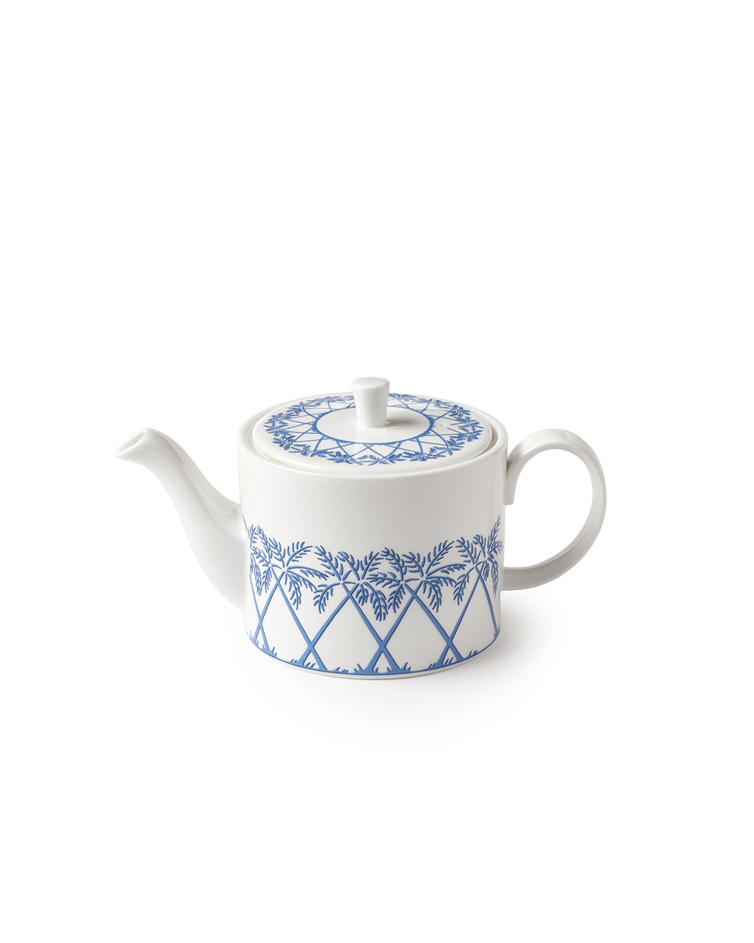 Fine bone china small teapot in Palms Azure Blue pattern by Pink House Mustique, elegant British-made tea service piece.