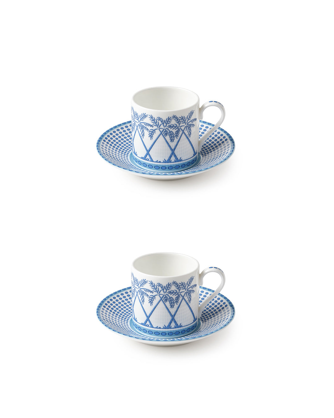 Fine bone china set of 2 espresso cups and saucers in Palms Azure Blue design by Pink House Mustique, handmade in England.