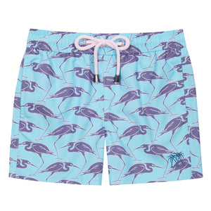 Boys recycled fabric turquoise blue swim shorts with Egret print by Lotty B