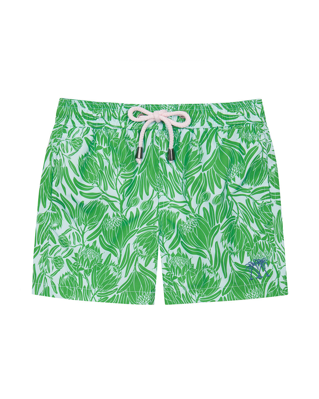 Kids recycled swim trunks in green Protea print