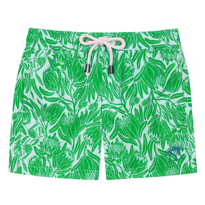 Boys sustainable swim shorts in green floral Protea print by Lotty B for Pink House Mustique