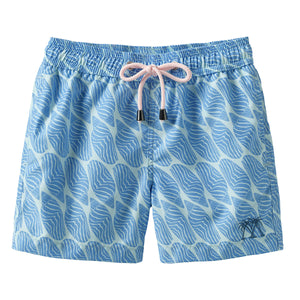 Boys swim shorts in blue Striped Shell print by designer Lotty B