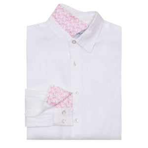 Children's classic pure white linen shirt with contrast print under collar & cuffs by designer Lotty B for The Pink House Mustique