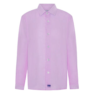 Children's plain lilac linen shirt, resortwear by designer Lotty B for the Pink House Mustique