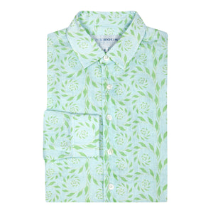 Children's premium linen shirt in green and pale blue fern print